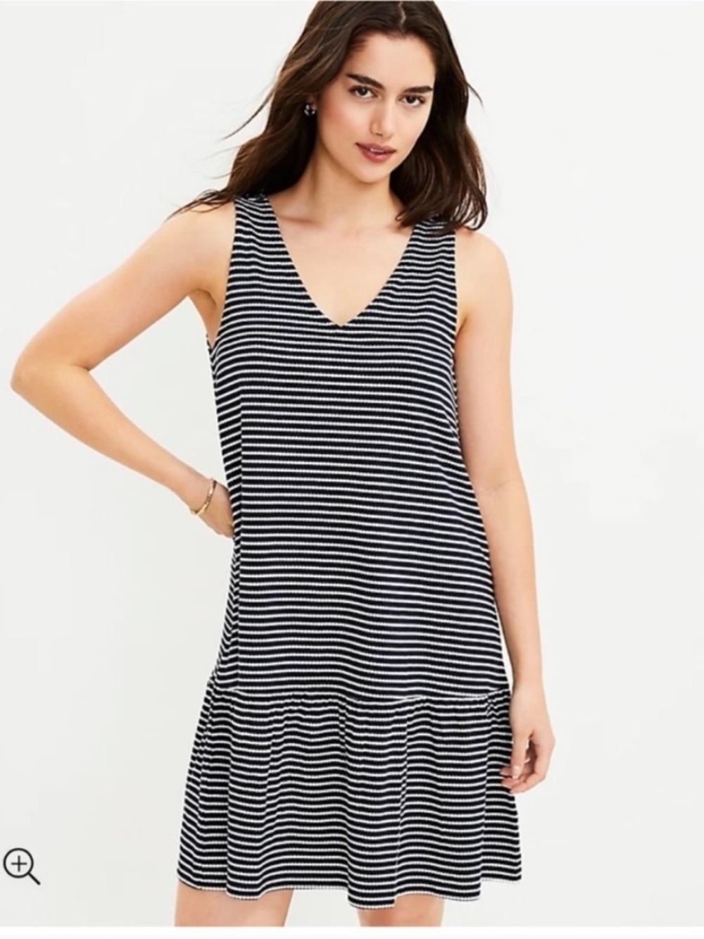 Loft Navy & White Striped V-Neck Swing Ruffle Hem Dress NWT
